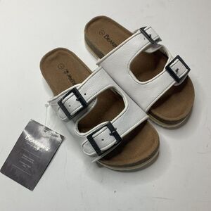 Bearpaw Brooklyn White Faux Leather Slip on Buckle Sandals